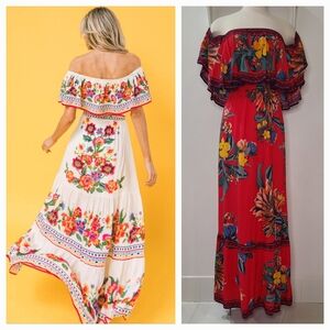 Flying Tomato Floral Print Off-Shoulder Maxi Dress in Red Multi Sz Small